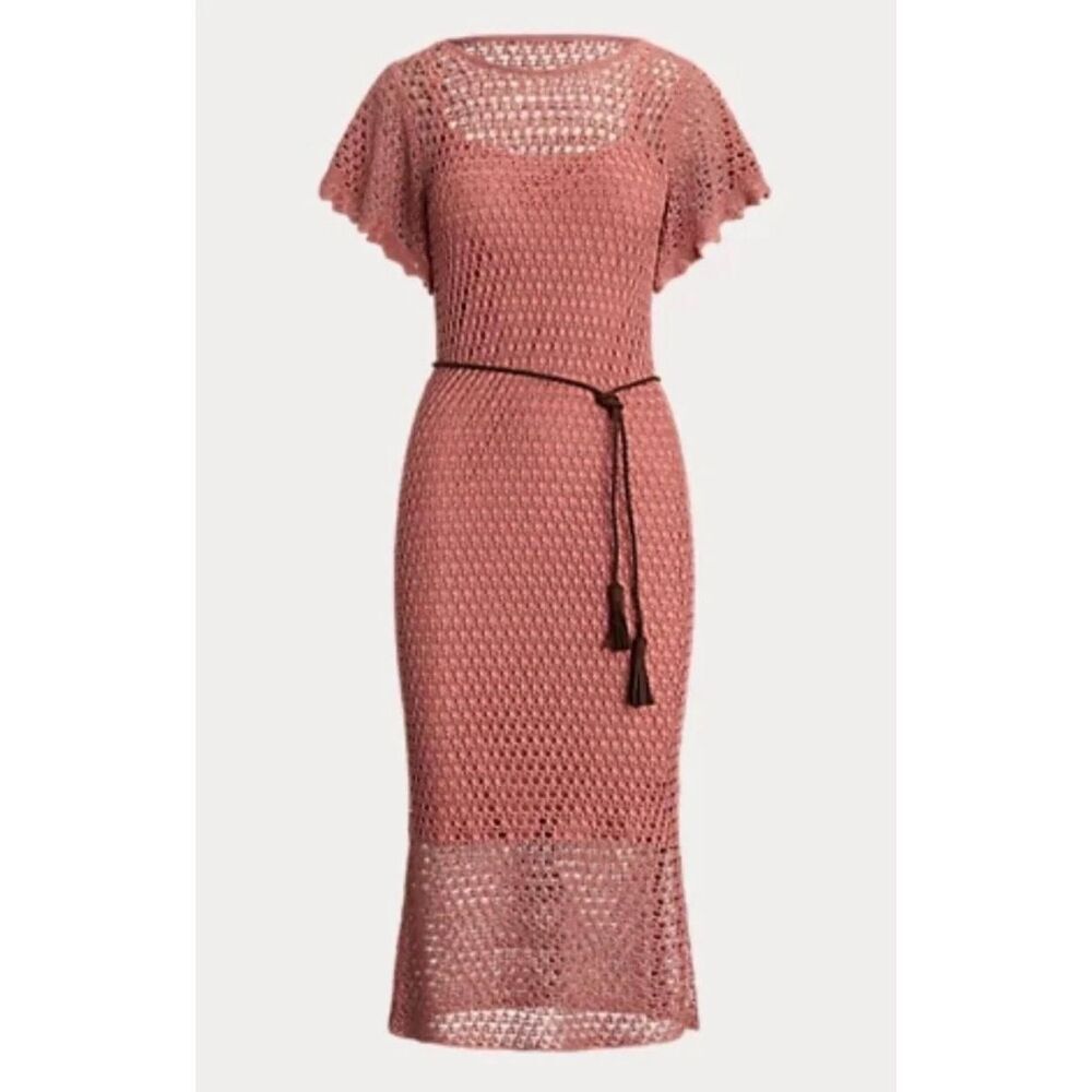 NEW Ralph Lauren Women Linen Blend Pointelle Knit belt Dress Size Medium